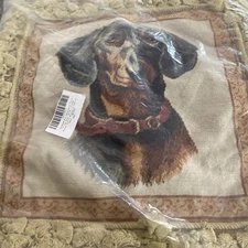 Vintage Dashund  Dog Needlepoint Pillow Cover Tassels New Wool  French Country