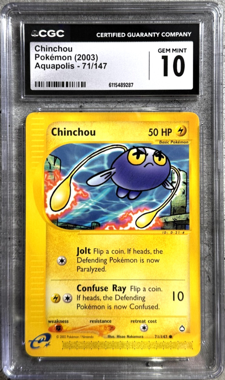 Pokemon Card Chinchou CGC 10 Gem Mint, e-Reader Aquapolis 71/147, WOTC 2003