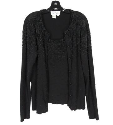 BOB MACKIE 2Pc WEARABLE ART Ribbed Knit BEADED Black SWEATER CARDIGAN/TANK TOP L