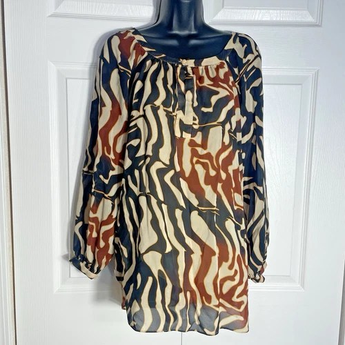 TH By Thrive Shirt Women Small Brown Beige Abstract 100% Silk Blouse Sheer Lined