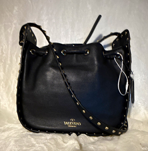 Valentino Garavani Rockstud Black Leather Drawstring Bucket Bag Small with COA
