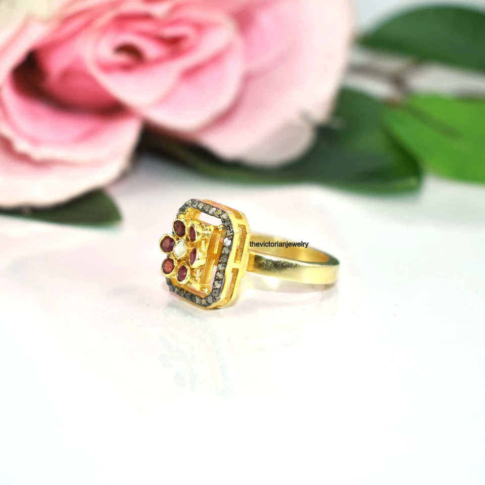 925 Sterling Silver Pearl Ruby Pave Diamond Elegant Ring Jewelry For Birthday - Image 2 of 4