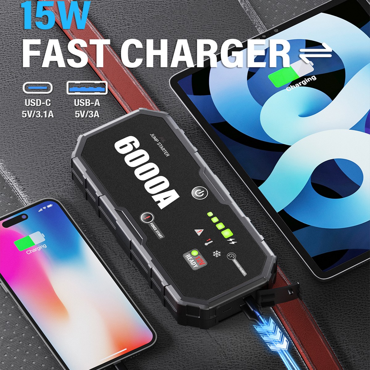 Portable 6000A Car Jump Starter Emergency Heavy Duty Battery Booster Supersafe