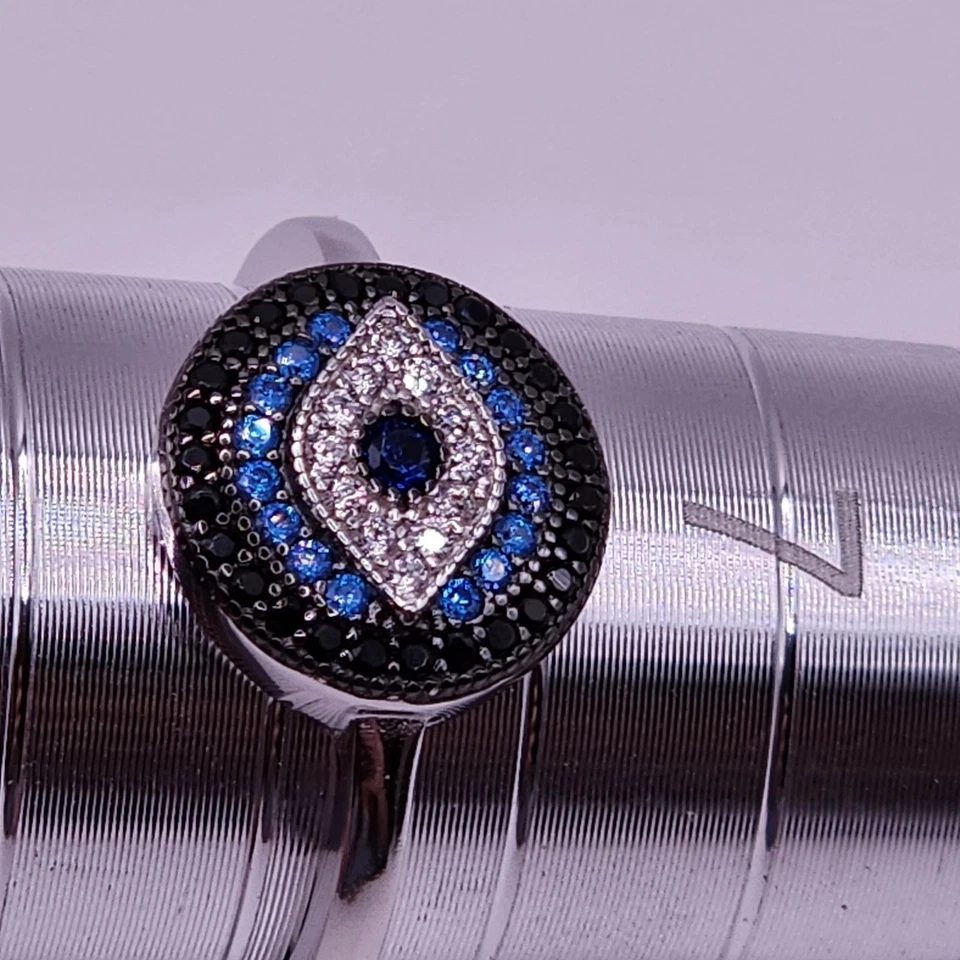 Anillo redondo de plata de ley 925 enchapado en rodio mal de ojo negro azul circonita cúbica transparente Foto 4 de 4