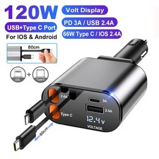 LISEN Retractable Car Charger, Gifts for Men Women, 69W Cars Adapter USB C Fast 