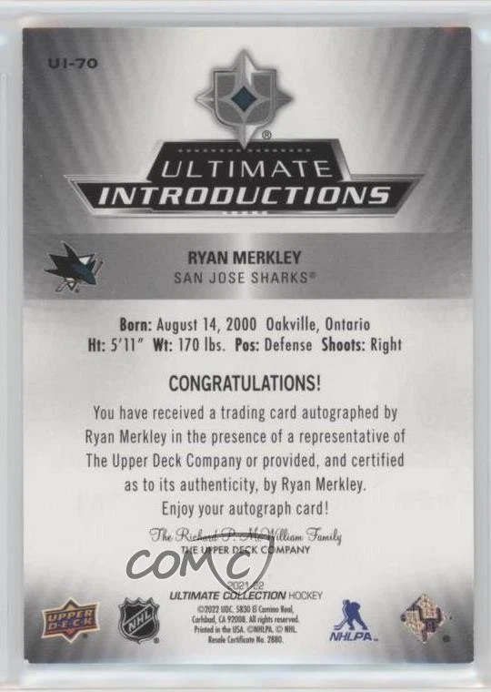 2021-22 Ultimate Collection Introductions Gold /50 Ryan Merkley Rookie Auto RC - Image 2 of 2
