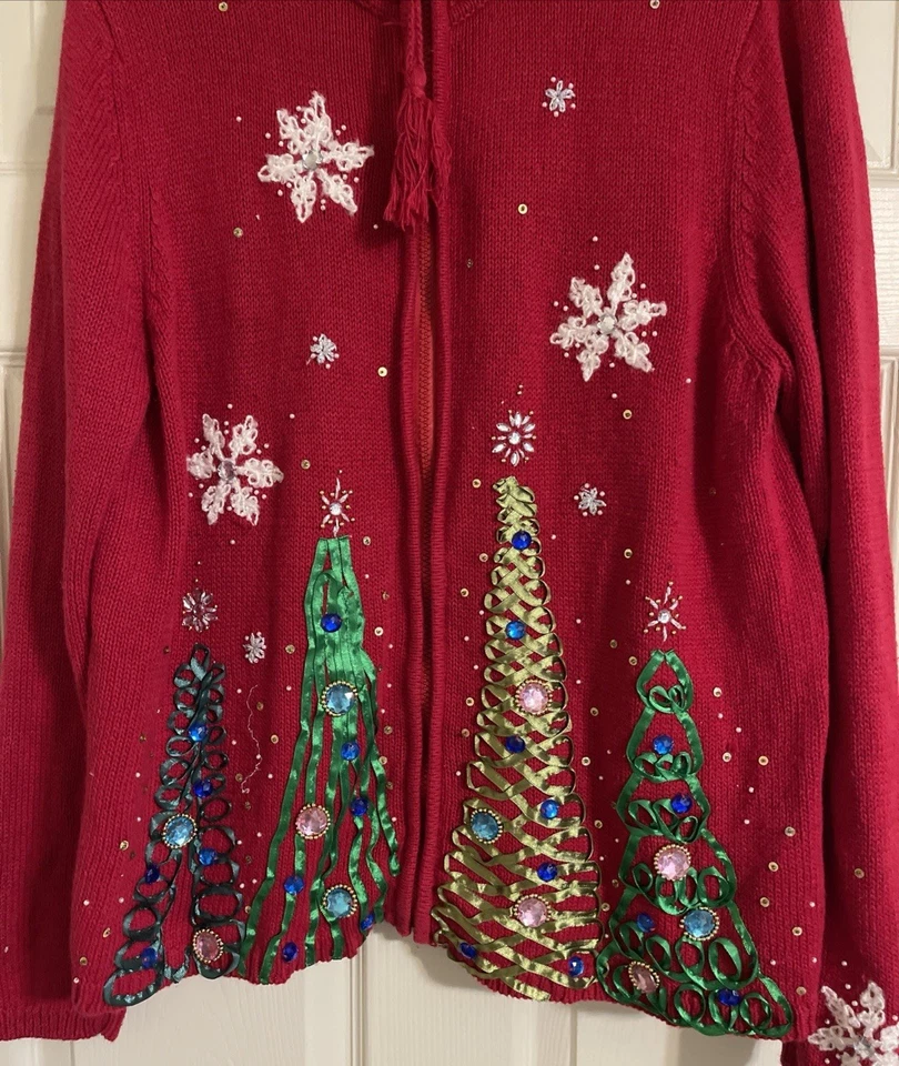 Kim Rogers Christmas Sweater Cardigan Womens XL Red Trees Jewels Ribbons Knit - Image 3 of 4