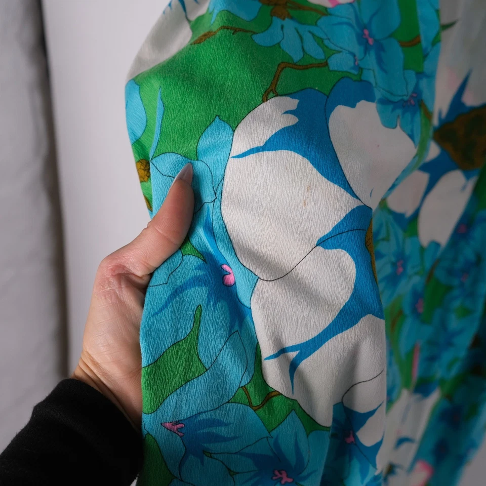 Maxi Vestido Hawaiano Vintage Estampado Floral Verde Azul Rosa Blanco Manga Corta Foto 4 de 4