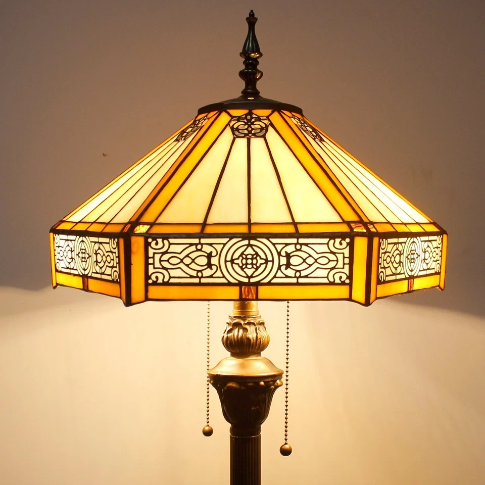 Tiffany Floor Lamp Yellow Hexagon Stained Glass Mission Standing Reading Ligh... - Image 3 of 4