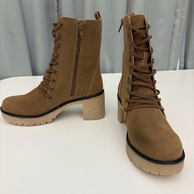 Womens Boots 6.5 Brown Suede Lace-Up Ankle Chunky Heel Side Zip Boho Workwear
