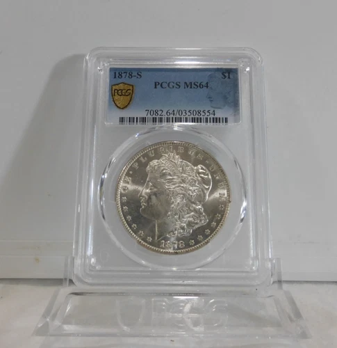 GOLD SHIELD / SPECIAL LABEL!  1878-S  Morgan Silver Dollar, PCGS MS-64!