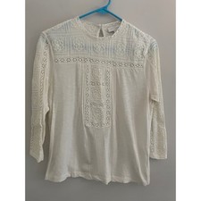 Lucky Brand Ivory White Crochet Lace Embroidered Peasant Blouse Top Medium Boho