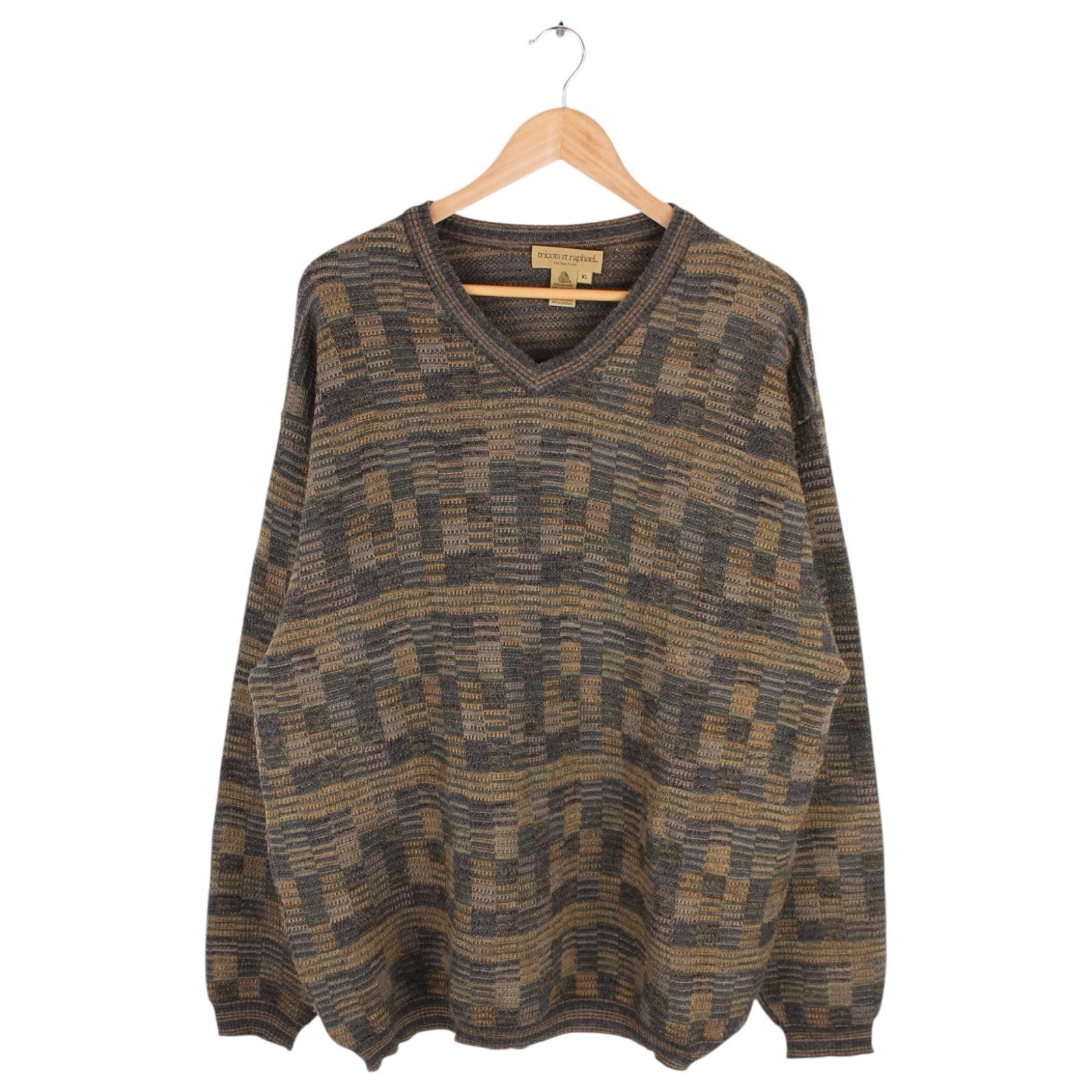 Vintage Tricots St Raphael V Neck Sweater Wool Blend Textured Knit XL