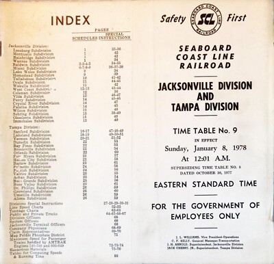 Seaboard Coast Line SCL Railroad Time Table 9 Jacksonville Tampa Div. 1/08/78