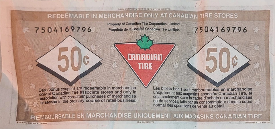Cupones 'dinero' de neumáticos canadienses edición 75 aniversario, 50c 1996 #7504169796 Foto 3 de 4
