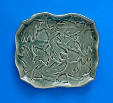 Studio Art Pottery Dish Small Plate Ashtry Celadon Green Leaves Acorns Signed
