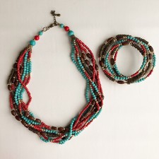 MULTI STRAND WOOD FAUX TURQUOISE RED GLASS BEAD NECKLACE BRACELET SET BOHO CHIC