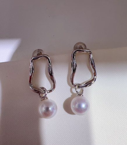 gorgeous 8-9mm south sea round white pearl dangle earring 925s(t) - Picture 3 of 3