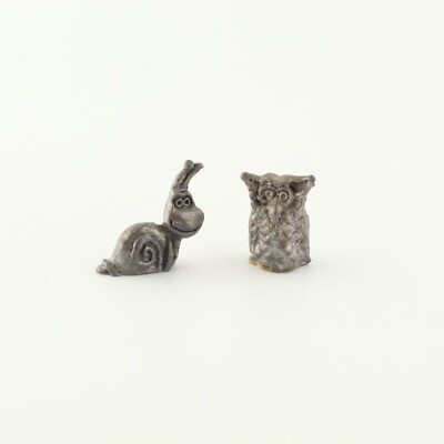 2 Mini 1 inch Pewter Figurines Whimsical Smiling Cartoony SNAIL & Cute Owl