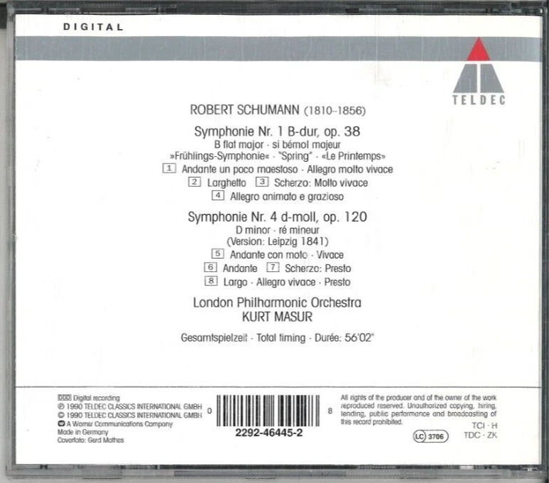Schumann: Symphonien 1 & 4- London Philharmonic Orchestra/ Masur ( 1990,CD ) - Bild 2 von 2