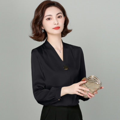 Camicetta Donna In Raso Con Fiocco - Scollo A V E Maniche Lunghe, Elegante Per Ufficio - Foto 4