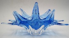 Venetian Murano Style Sommerso Free Form Blue Folded Handle Art Glass Basket
