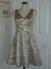 Vince Camuto Metallic Silver & Taupe Bronze Jacquard V-Neck Fit & Flare Dress~4
