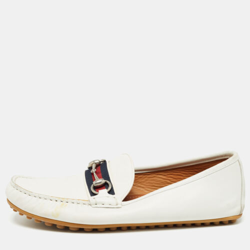 Gucci White Leather Web Horsebit Loafers Size 41 - Afbeelding 1 van 9