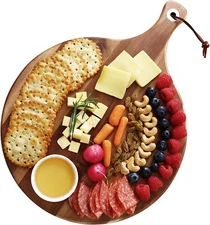 12in Round Cheese Board Acacia Wood Large Cutting Board with Paddle Handle