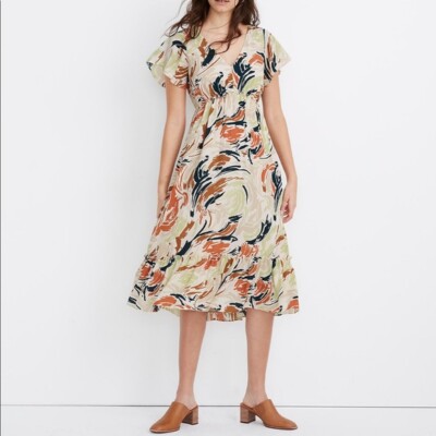 Madewell / Brushing Up Flutter-Sleeve Ruffle Cottagecore Midi Dress / Size 4