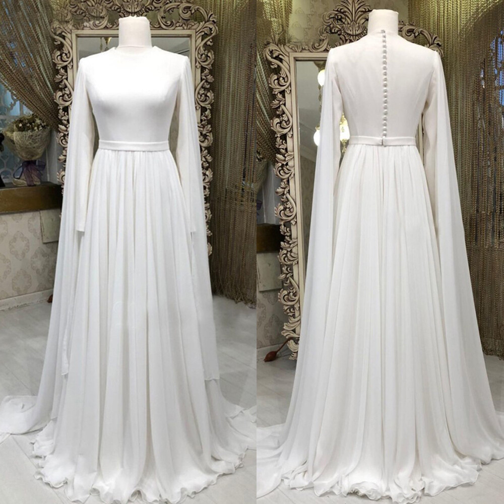 Simple A Line Chiffon Muslim Wedding Dress With Cape Long Sleeves O Neck  Gowns | eBay