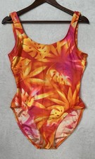 Vintage Catalina One Piece Swimsuit Large Orange Floral Ribbed Low Back Hi Cut