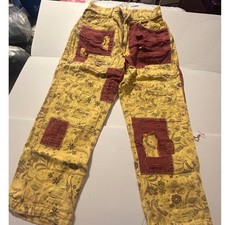 Blue Velvet Floral Tapestry Patchwork Distressed Pants Yellow Burgundy S/M