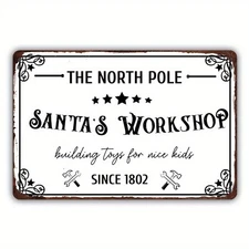 Santa'S Workshop Metal Sign Christmas Iron Painting Wall Hanging Holiday Decor