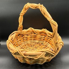 Vtg Heavy Round Woven Wicker Basket Twist Bamboo Handle Natural Honey Brown 14"