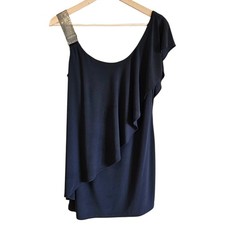 Betsy & Adam Black One Shoulder Ruffle Cocktail Dress Bling Women's Petite 10P