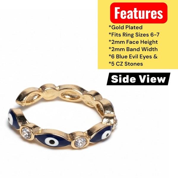 Alternate view of Gold Plated Adjustable Evil Eye Ring Band Sizes 6-7