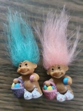 2 Vintage Russ Berrie Mini Trolls with Bunny Slippers and Easter Baskets 1 Inch