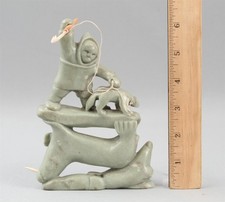 Vintage Carved Serpentine Soapstone Baby Bear Walrus Seal Hunter Inuit Sculpture