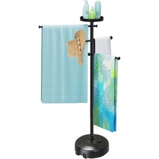 Heavy Duty Outdoor Pool Towel Rack with Adjustable Storage Tray for Backyards