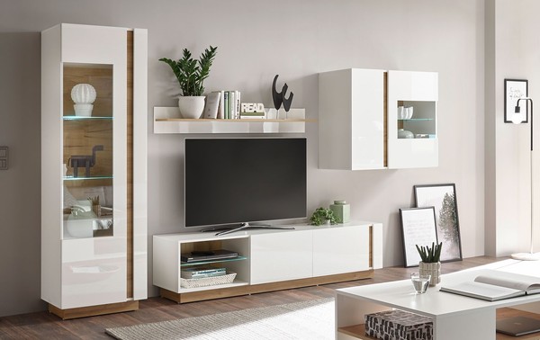Wohnwand Anbauwand Clair 4-Teilig Weiß Glanz Grandson Oak Grifflos 98981112-image
