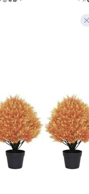 Artificial Cedar Topiary Ball Tree Autumn Orange Yellow 2ft Plastic Set of 2
