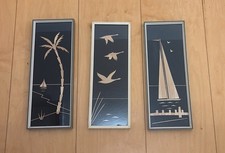 DDR Ostalgie 3 Strohbilder Wandbilder mit Rahmen Palme Segelboot Vögel 34x 13cm