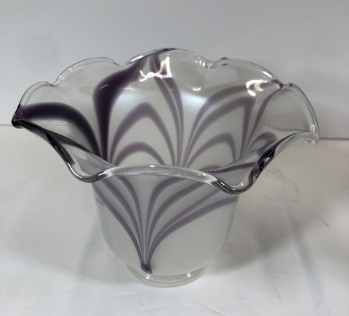 Vintage Iridescent Glass Lamp Ruffled Shade Purple Pulled Feather Pair 2 Pc Set - Picture 4 of 7