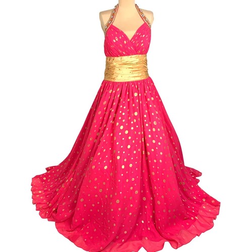 Gold & Pink Halter Formal Ball Gown Beaded Bodice Lace-Up Corset Back Kiss Kiss - Picture 2 of 14
