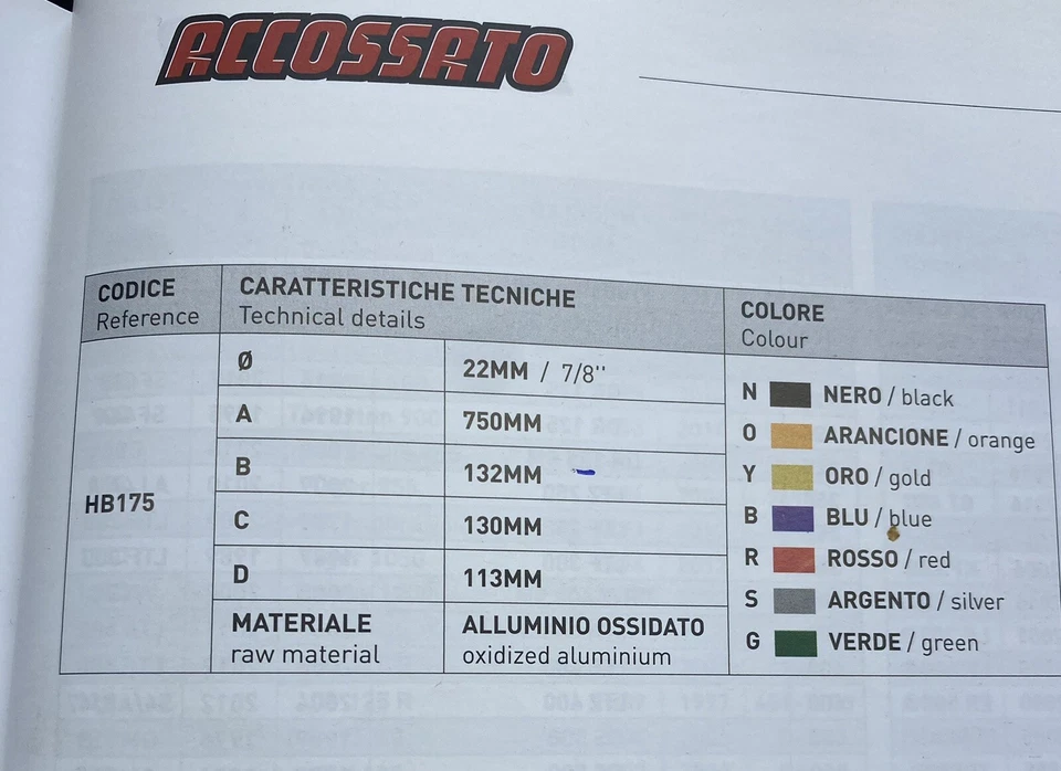 STERZO PIEGA MEDIA ACCOSSATO VARI COLORI MANUBRIO MOTO 22mm ACCOSSATO RACING - Immagine 3 di 3