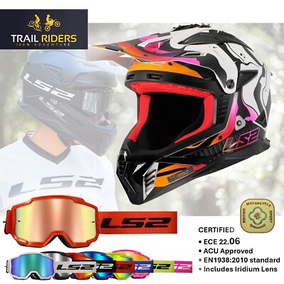 XS LS2 Fast II MX708 Wash White Off Road Helmet Iridium Goggles Enduro ACU GOLD