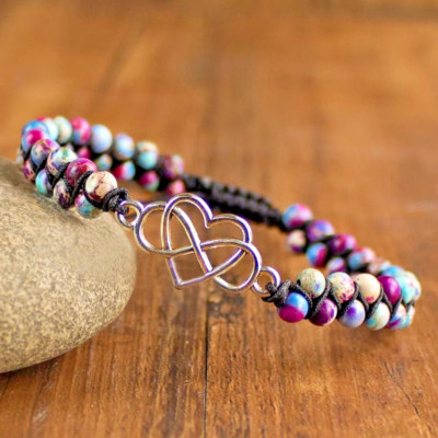Boho Galaxy Sea Sediment Jasper Crystal Gemstone Double Woven Heart Bracelet