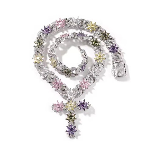 Colorful Flower Cuban Chain Full Paved Iced Out Bling Cubic Zirconia Cross Charm - Picture 13 of 13