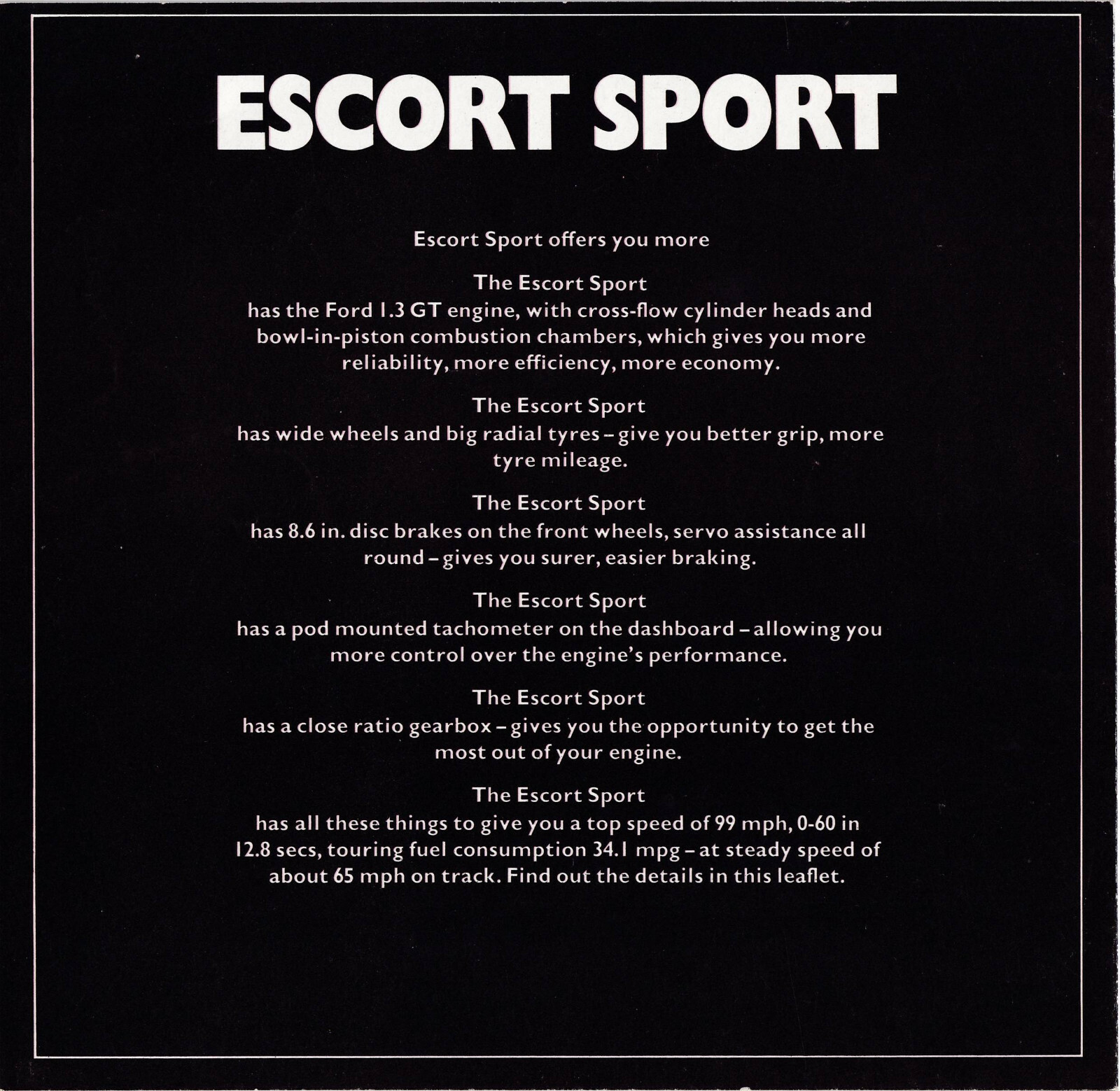 FORD ESCORT MK.1 SPORT FOLD OUT BROCHURE, REF. FA.122. Faculty of